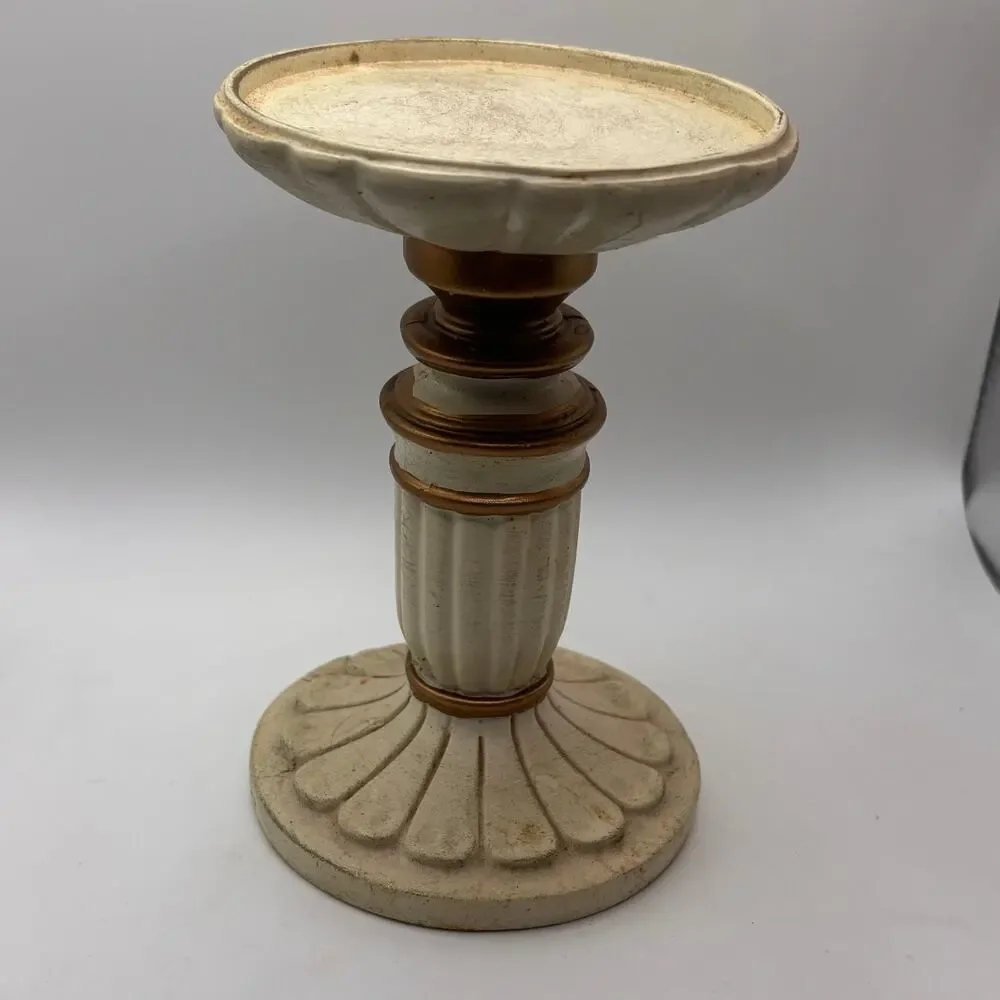 Cream and gold colored pillar candle pedestal French cottagecore VTG distressed
